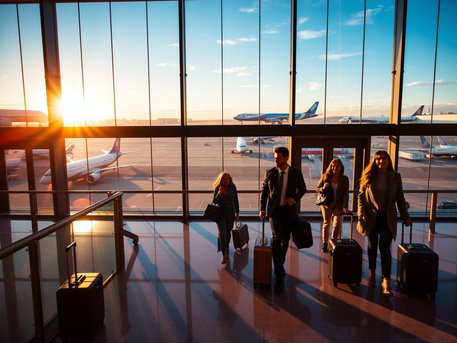 Voyageurs internationaux dans un aéroport moderne